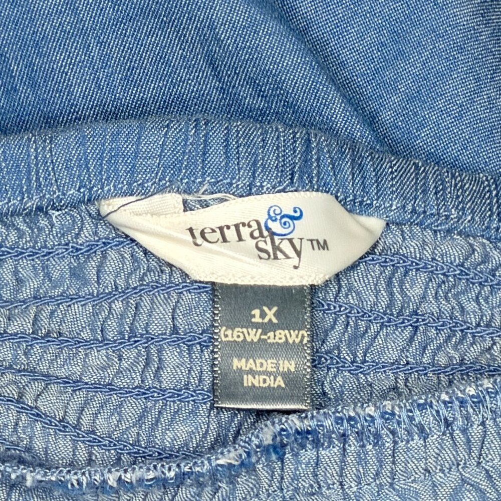 Terra & Sky Smocked Neck Denim Blue Tunic with Eyelet Embroidery - 1X - Picture 6 of 8